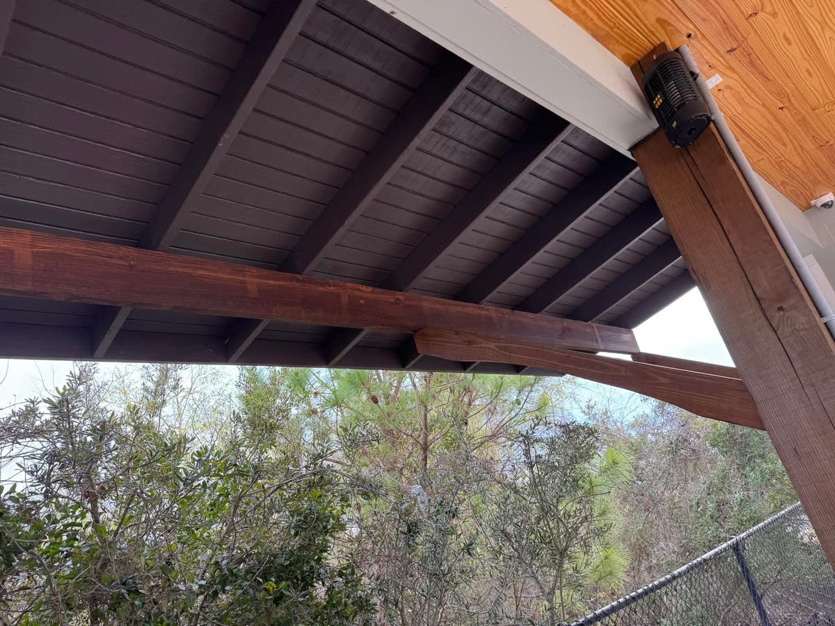 Rough-sawn beams and rafters of a new patio cover against a clear sky.